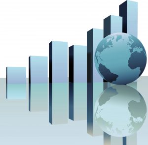 A rising chart graph predicts global worldwide growth with a globe as symbol of success and financial business or other increase.